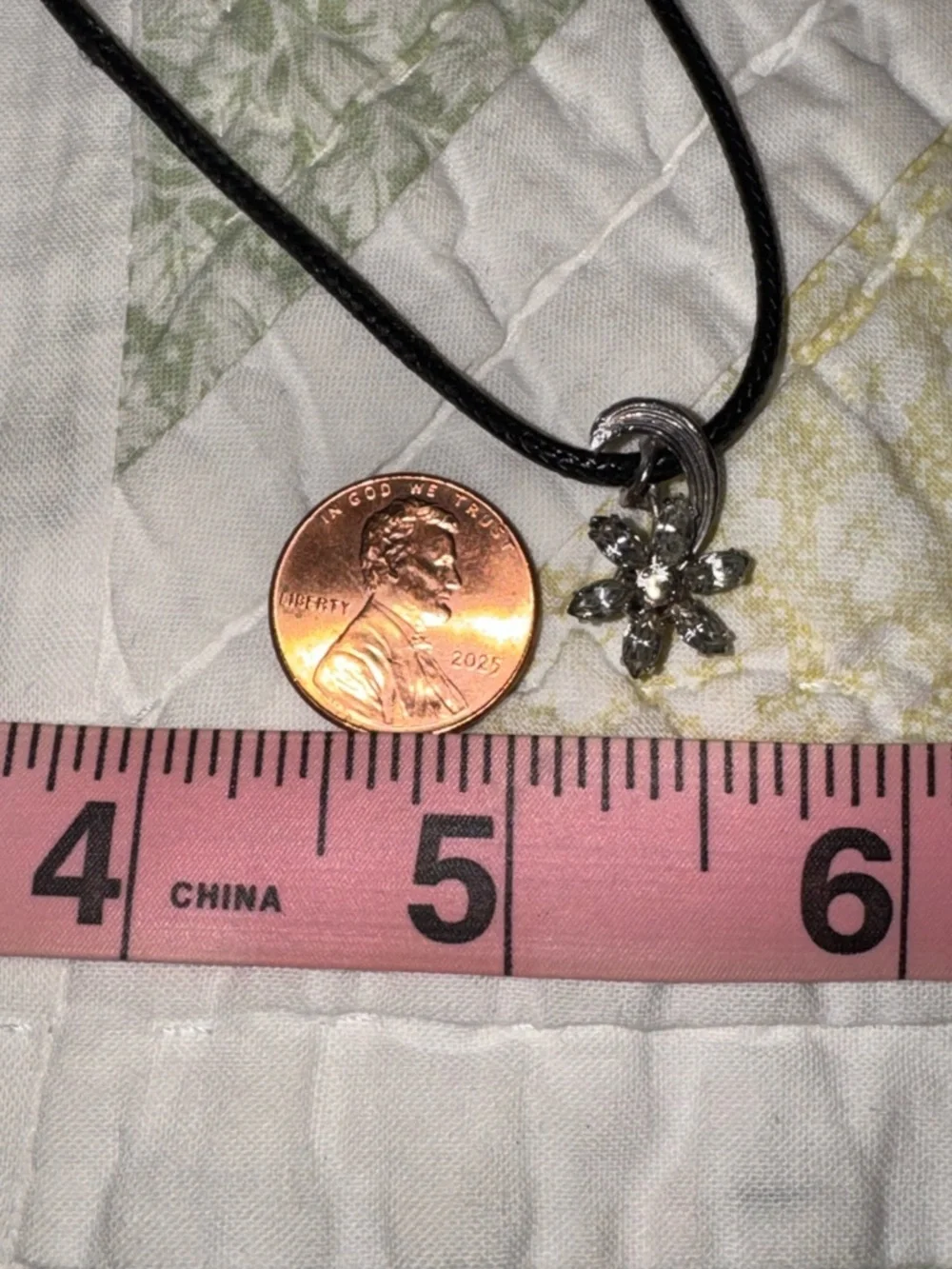 Vintage Rhinestone Flower Pendant Necklace 🌙 Silver Tone Crescent Floral Charm